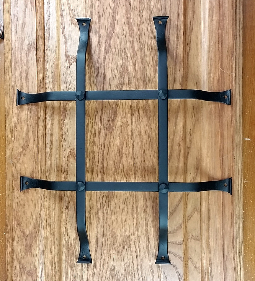 Standard curled tip door and gate grille in black, 12x14 inches, featuring four bars and flared mounting legs.