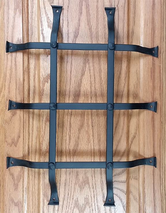Standard curled tip door and gate grille in black powder coat, 12x16 inches, featuring 5 bars and flared mounting legs.