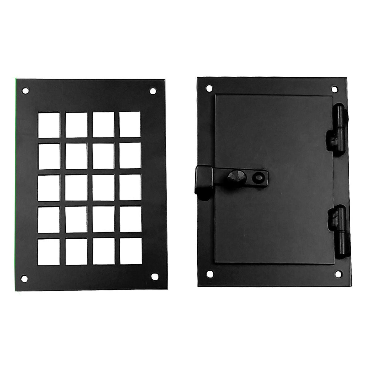 Square peephole hinged door viewer kit with grille design, measuring 4-1/2" x 7", includes mounting hardware.