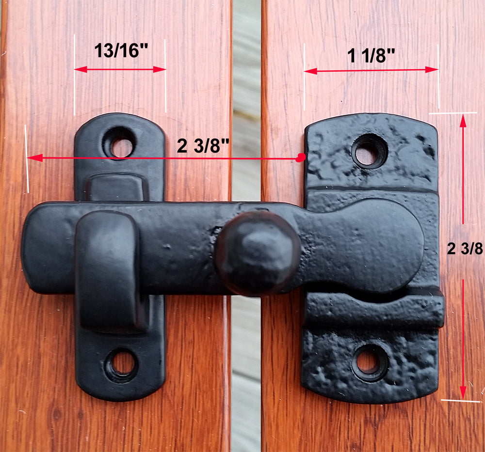 Black powder-coated door and gate grille mounting kit with dimensions for easy installation, sold as a set.