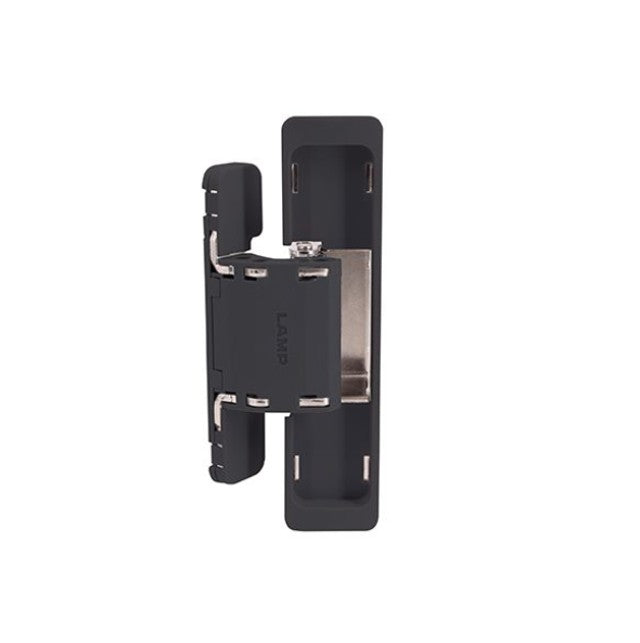 Three-way adjustable concealed door hinge for surface mounting, available in multiple finishes, sold individually.