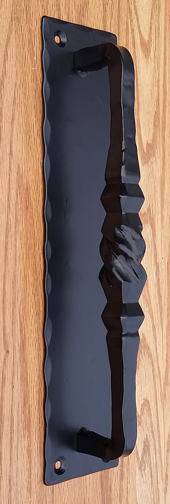 Tuscan door pull with hammered back plate, 14 inches, available in multiple finishes, sold individually.