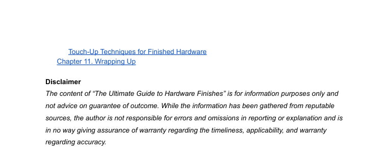 eBook cover of the Ultimate Guide to Hardware Finishes, featuring tips on touch-up techniques and warranty disclaimers.