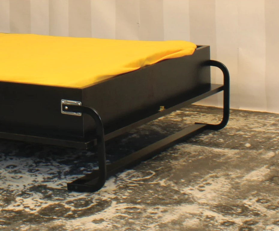Vertically descending wall bed mechanism kit with a black frame and yellow mattress, suitable for various sizes and mountings.