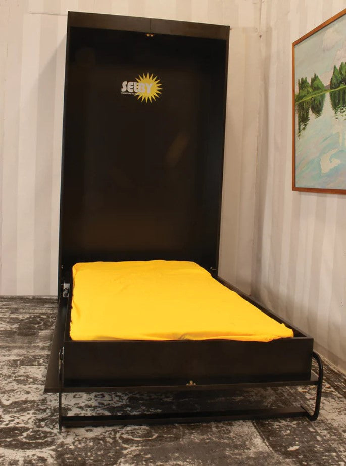 Vertically descending wall bed mechanism displayed with a yellow mattress, available in multiple sizes and mountings.