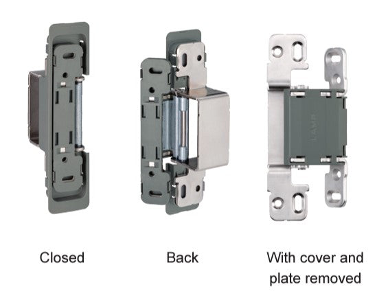 Three-way adjustable concealed door hinge shown in closed, back, and disassembled views, available in multiple finishes.