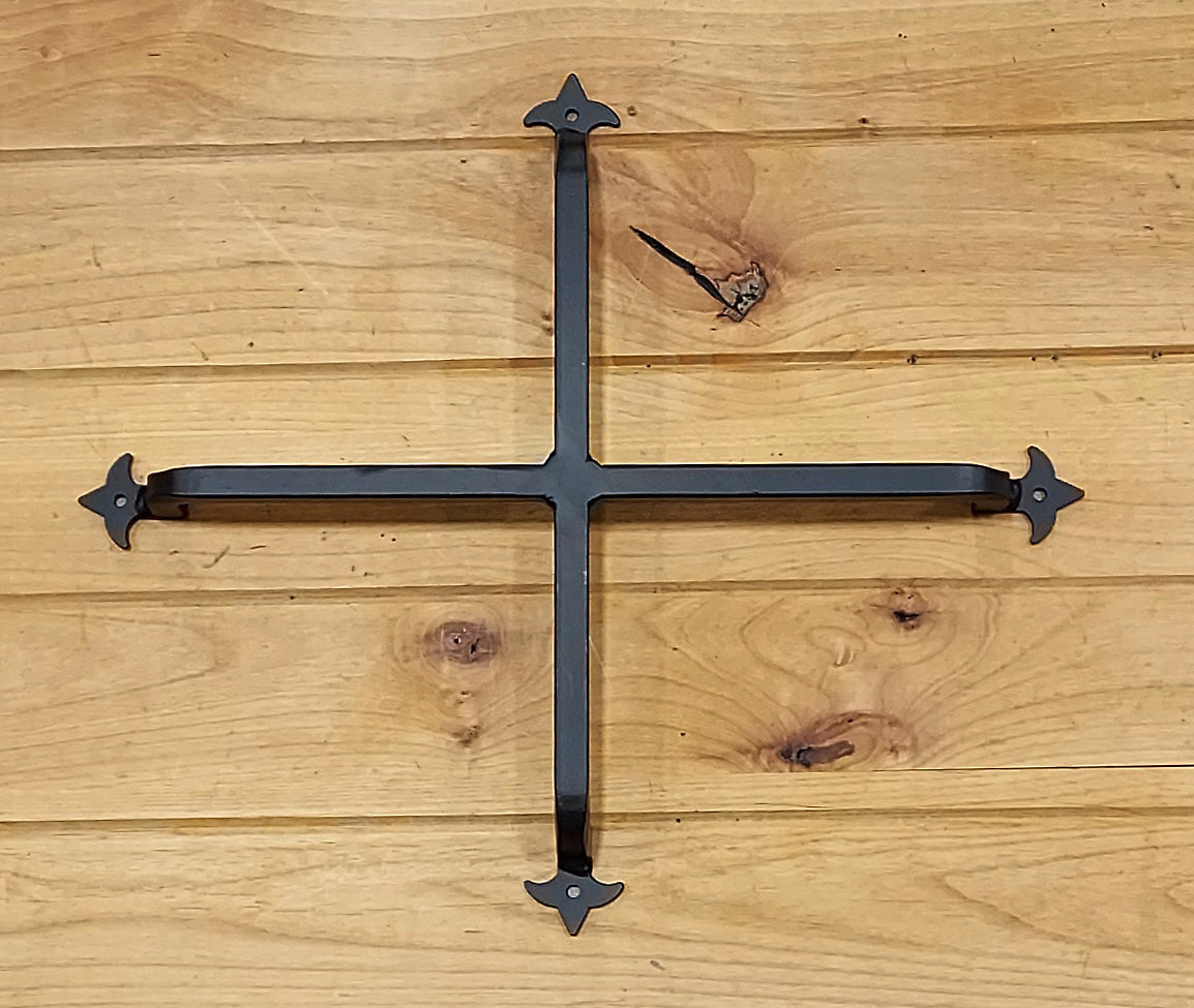 Wrought iron decorative grille in Fleur de Lis style, matte black finish, suitable for doors and gates, multiple sizes.