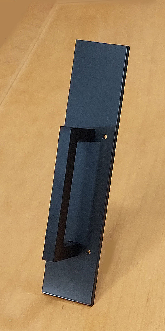 Plain rectangular door pull handle for barn doors, 10 inches, available in multiple finishes, sold individually.