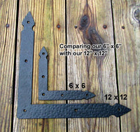 Hand-forged rustic hammered L or T bracket, large 12"x12"x1.5", ideal for sturdy support in various applications.