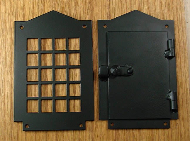 Craftsman style peephole hinged door viewer kit, 4-1/2" x 7", featuring a grille design and durable black finish.