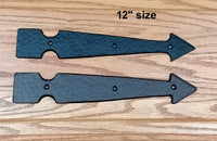 12-inch faux arrow strap hinge with a hammered distressed surface, ideal for enhancing doors and gates.
