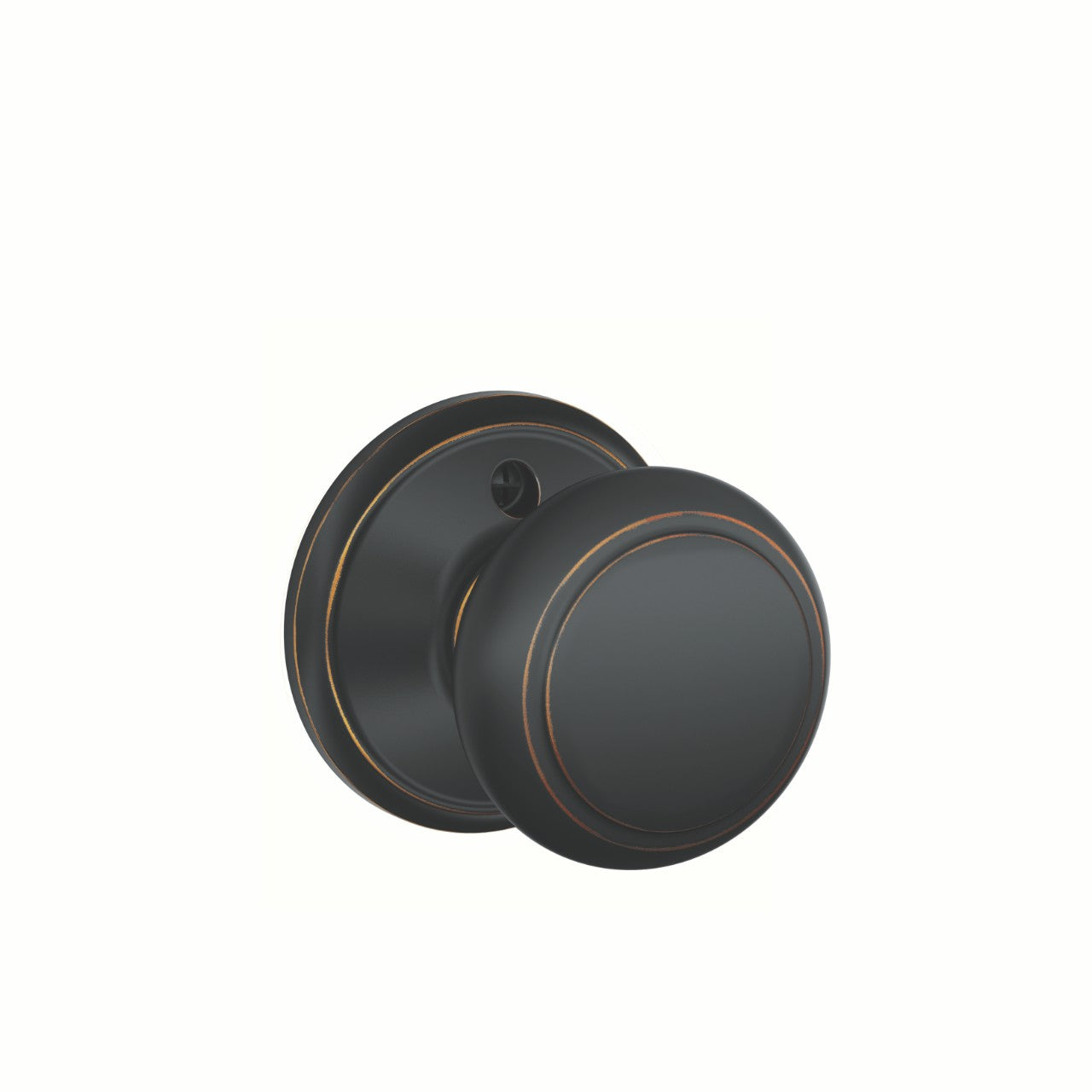 Aged bronze Andover knob non-turning lock, sold individually, ideal for doors needing a decorative touch.