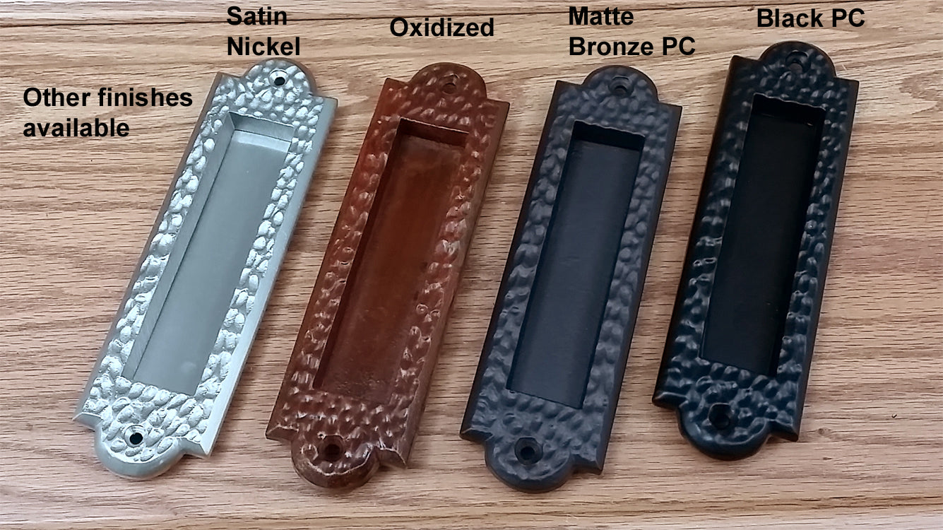 Flush pull handle with distressed matte bronze finish, available in multiple sizes and other finishes. Sold individually.