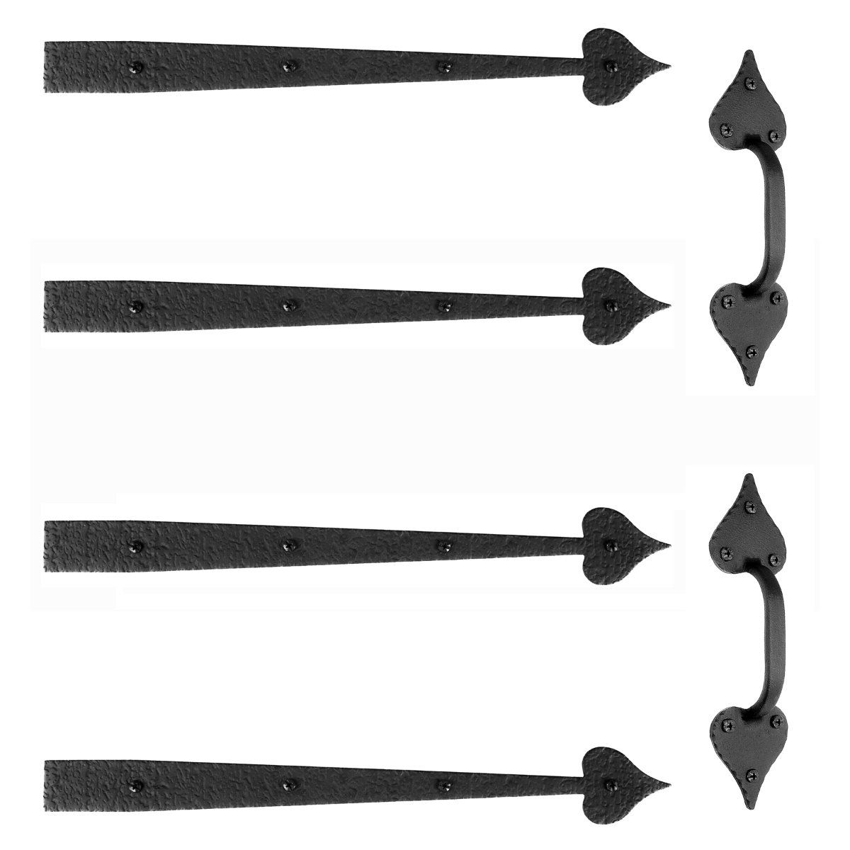 Matte black small heart garage door hardware kit set with decorative straps and handle, 18-3/4 inches long.