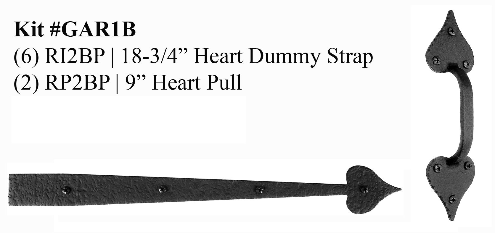 Large heart garage door hardware kit in matte black, includes 18-3/4 inch heart dummy strap and 9 inch heart pull.