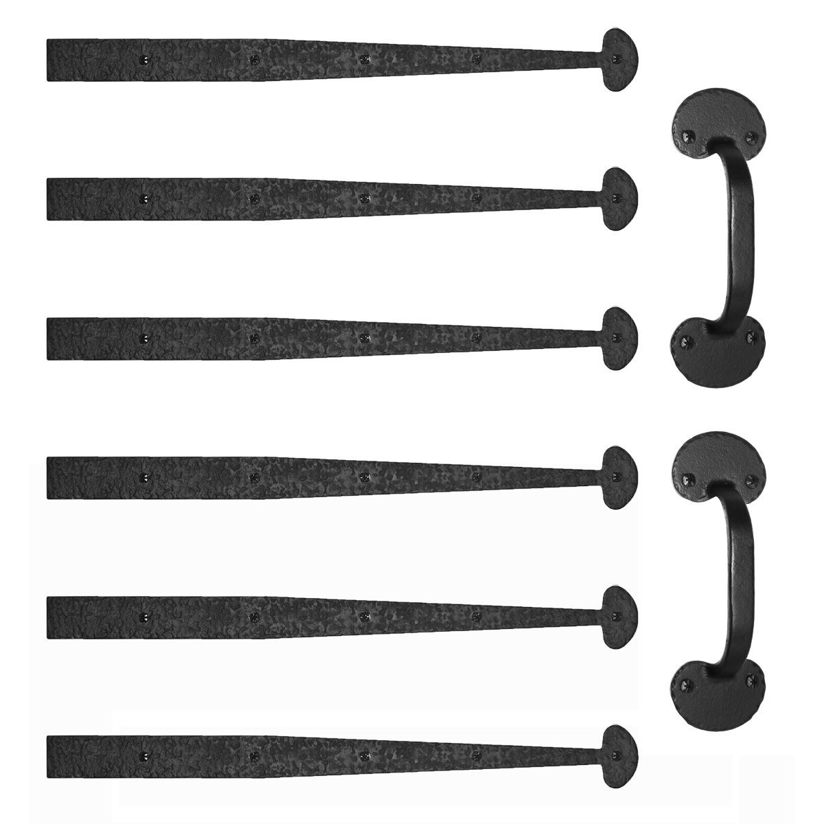 Large bean garage door hardware kit in matte black, includes decorative straps and handle for stylish installation.