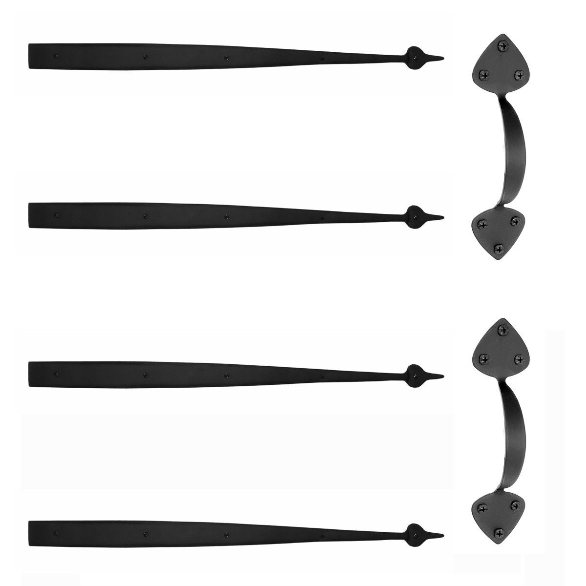 Matte black small spade garage door hardware kit set with decorative straps and handle, 21-1/4 inches long.