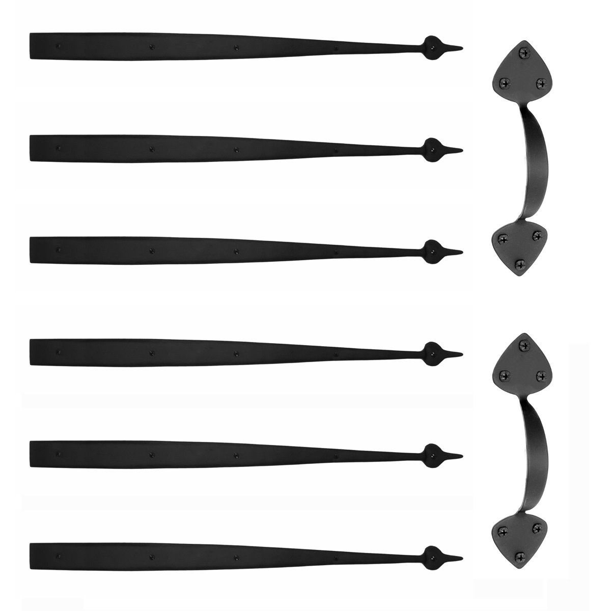 Large spade garage door hardware kit in matte black, includes decorative straps and handle for stylish installation.