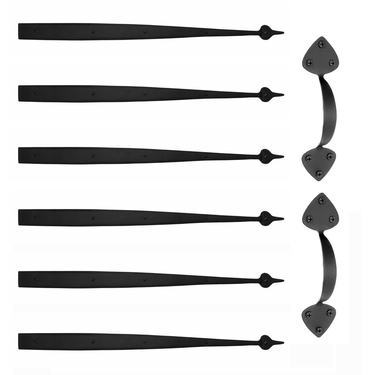 Large matte black spear garage door hardware kit with six decorative straps and a handle, designed for stylish installations.
