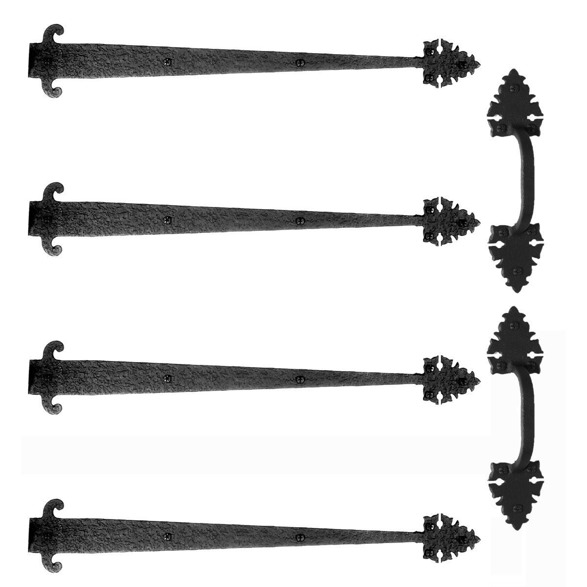 Matte black small Warwick garage door hardware kit with decorative straps and handle, 22 inches, sold as a set.