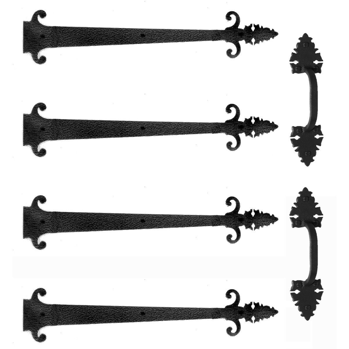 Matte black small Warwick garage door hardware kit with wings, includes four decorative straps and handles.