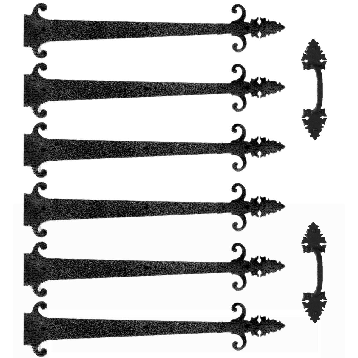 Large Warwick with Wings Garage Door Hardware Kit in matte black, includes six decorative straps and one handle.