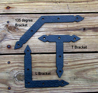 Hand-forged rustic hammered brackets in L, T, and 135-degree shapes for sturdy support in various applications.