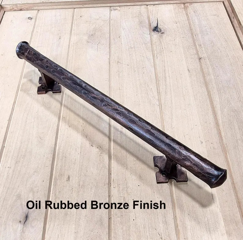 Round bar barn door handle in oil rubbed bronze finish, 1-inch diameter, available in multiple sizes and finishes.