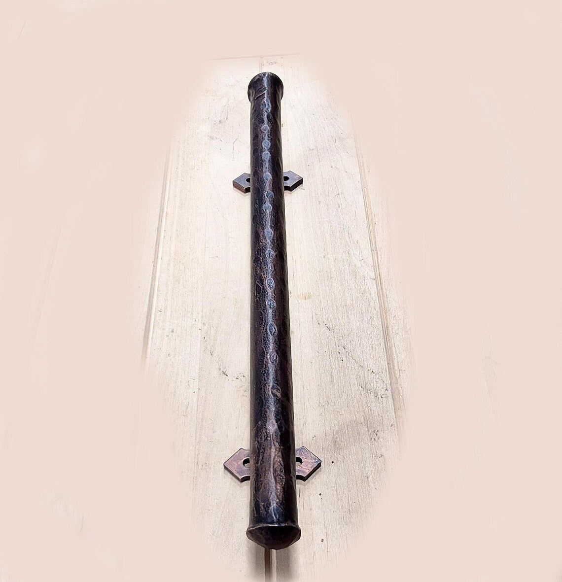 Round bar barn door handle with a distressed finish, 1-inch diameter, available in multiple sizes and finishes.