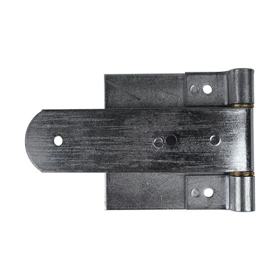 Layered laminated steel square corner truck trailer hinge, zinc plated, available in multiple sizes, sold individually.