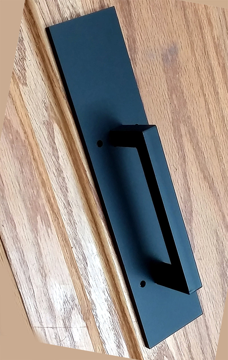 Plain rectangular door pull handle for barn doors, 10 inches, available in multiple finishes, sold individually.