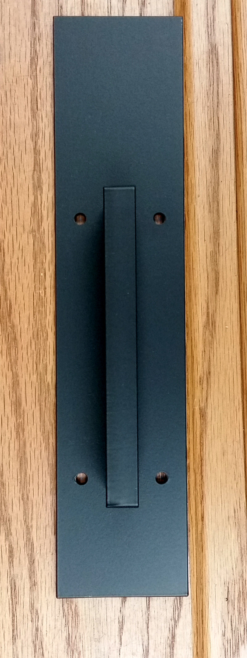Plain rectangular door pull handle for barn doors, 10 inches, available in multiple finishes, sold individually.