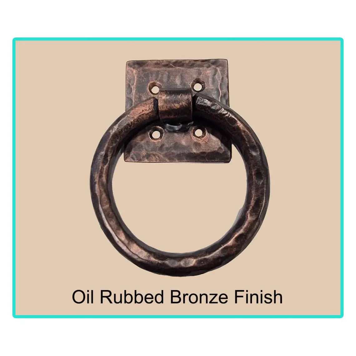 Distressed 4-inch ring pull with hammered back plate in oil rubbed bronze finish, sold individually for cabinets or doors.
