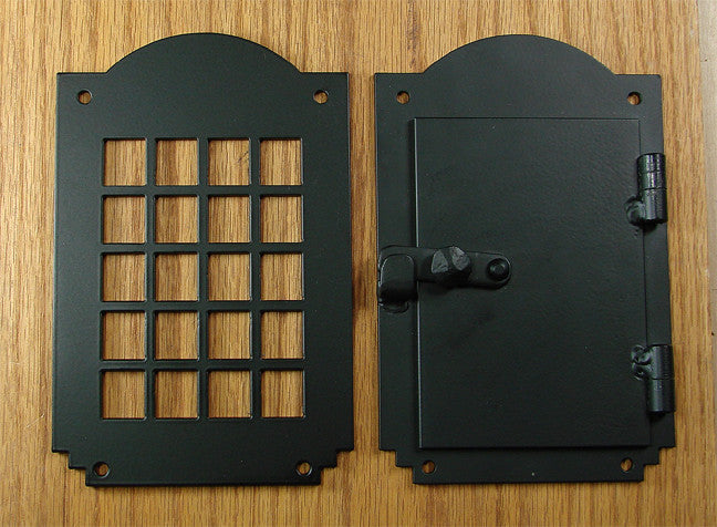 Peephole hinged door viewer kit with arched top, featuring a grille design and a secure locking mechanism.