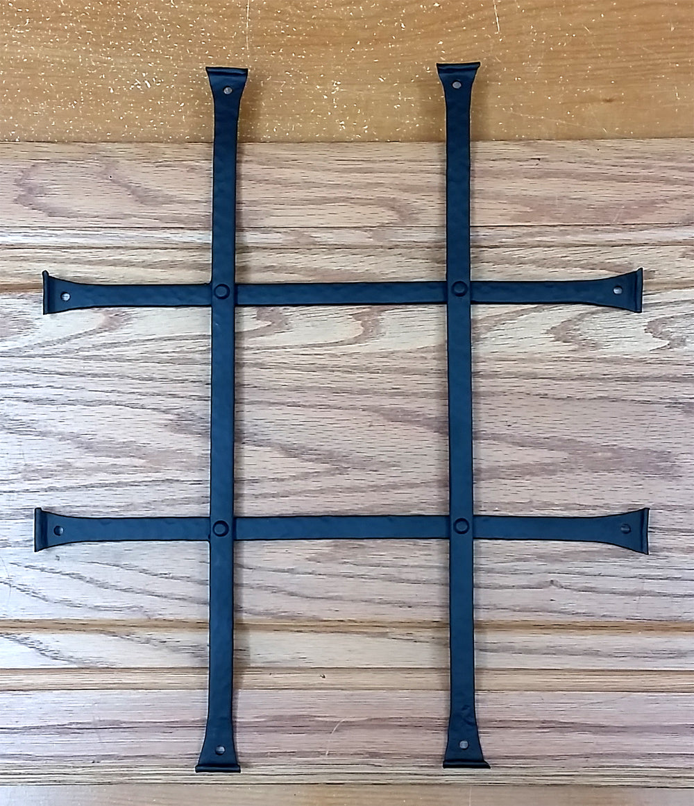 Low profile curled tip door and gate grille in black powder coat finish, 12x14 inches, featuring four bars.