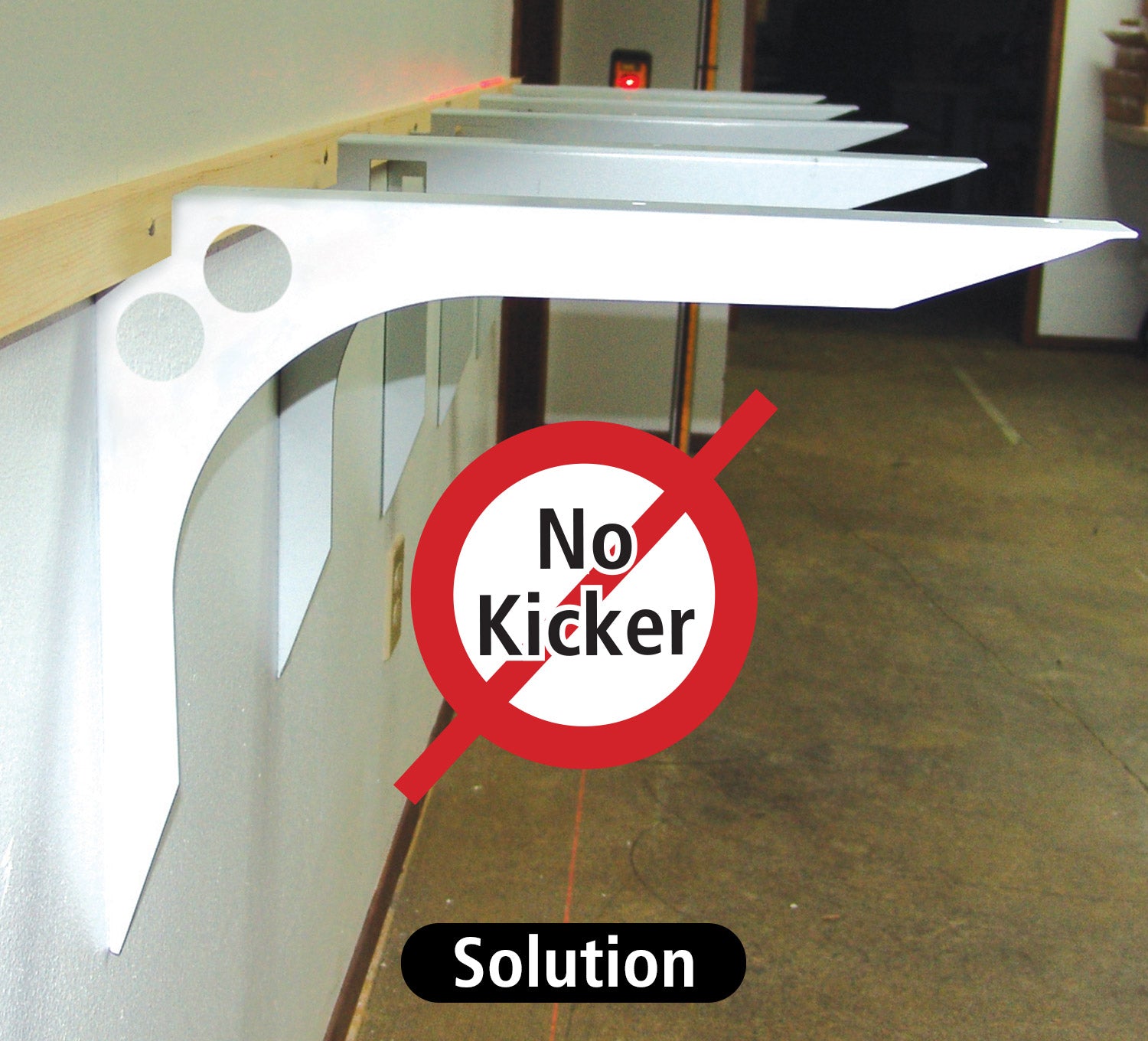 SpeedBrace support bracket displayed in various sizes and finishes, designed for sturdy shelving without a kicker.
