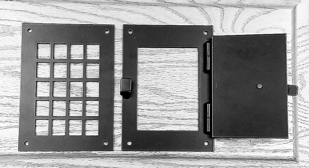 Square peephole hinged door viewer kit featuring a grille design, measuring 4-1/2" x 7", ideal for security.