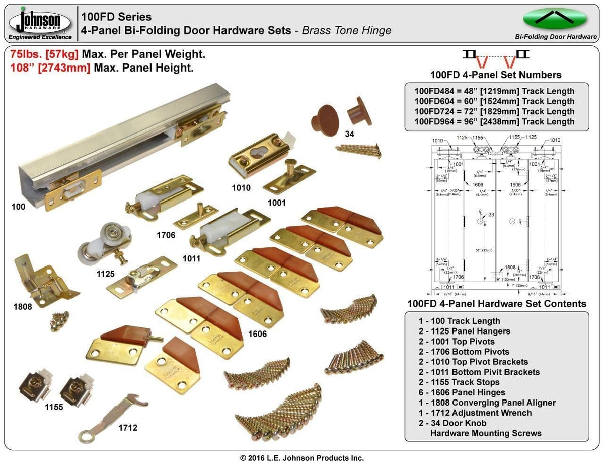 Bifold door hardware set for four doors with a 60-inch track, designed for 15-inch panels in brass finish.