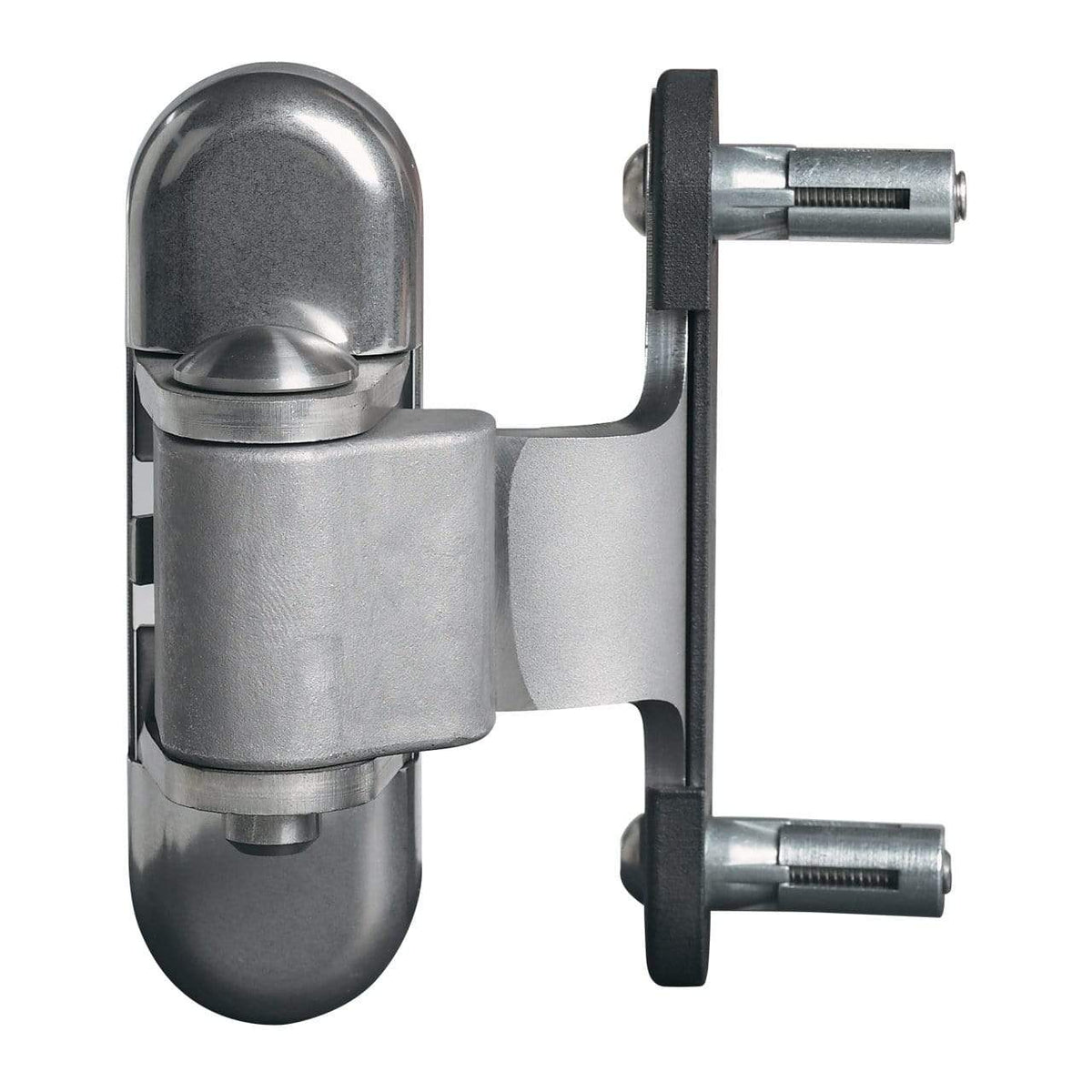 180° 3-way adjustable ornamental gate hinge for 4-inch square posts, stainless steel finish, 2-pack for gate frames.