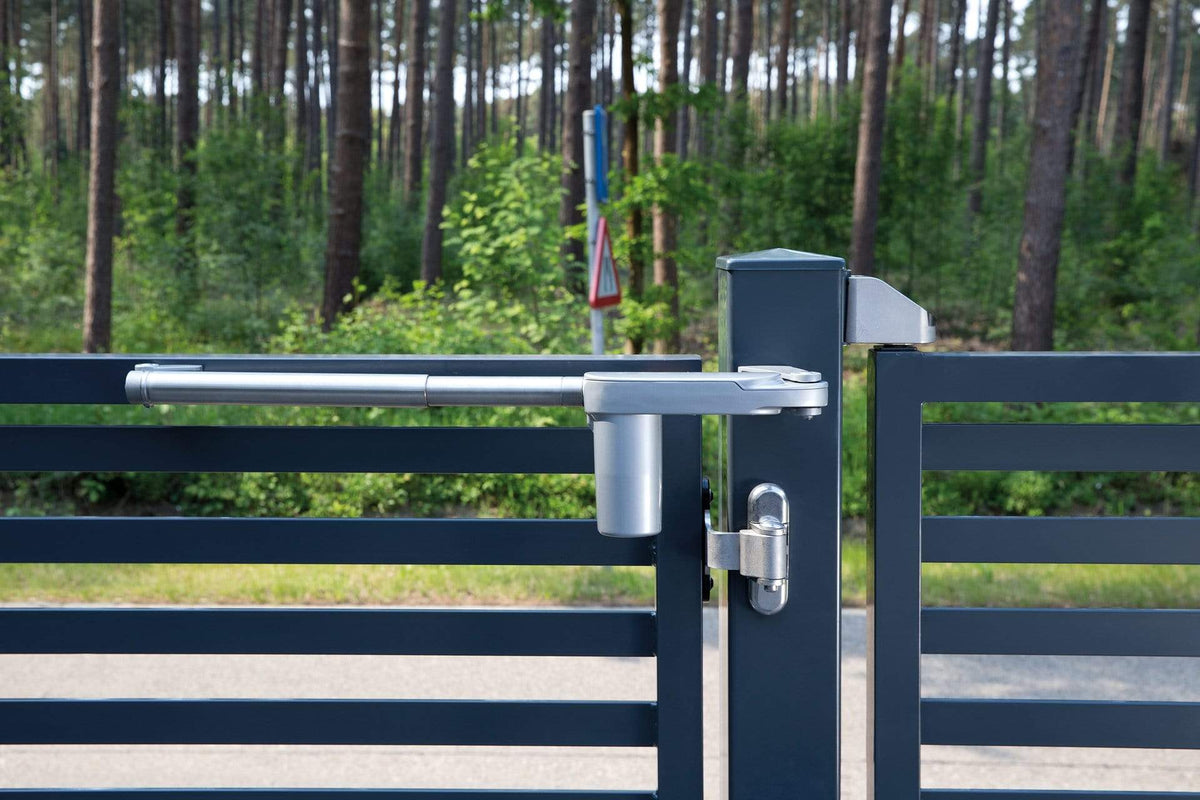 180° 3-way adjustable ornamental gate hinge for 4-inch square posts and 1.5 to 2-inch gate frames in stainless steel finish.