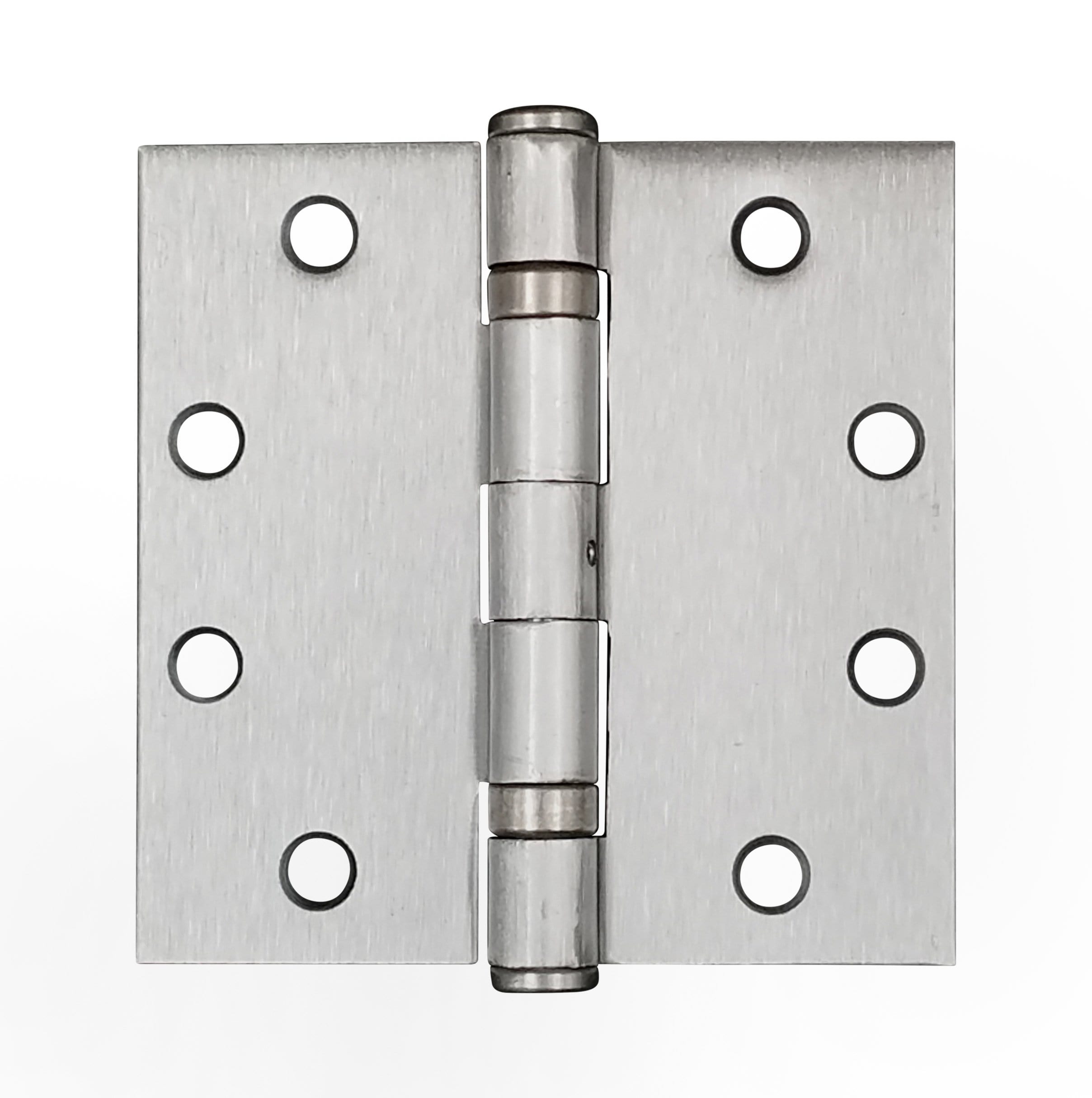 Satin chrome commercial ball bearing hinge, 4.5x4.5 inches, square corners, sold in pairs for durable door applications.