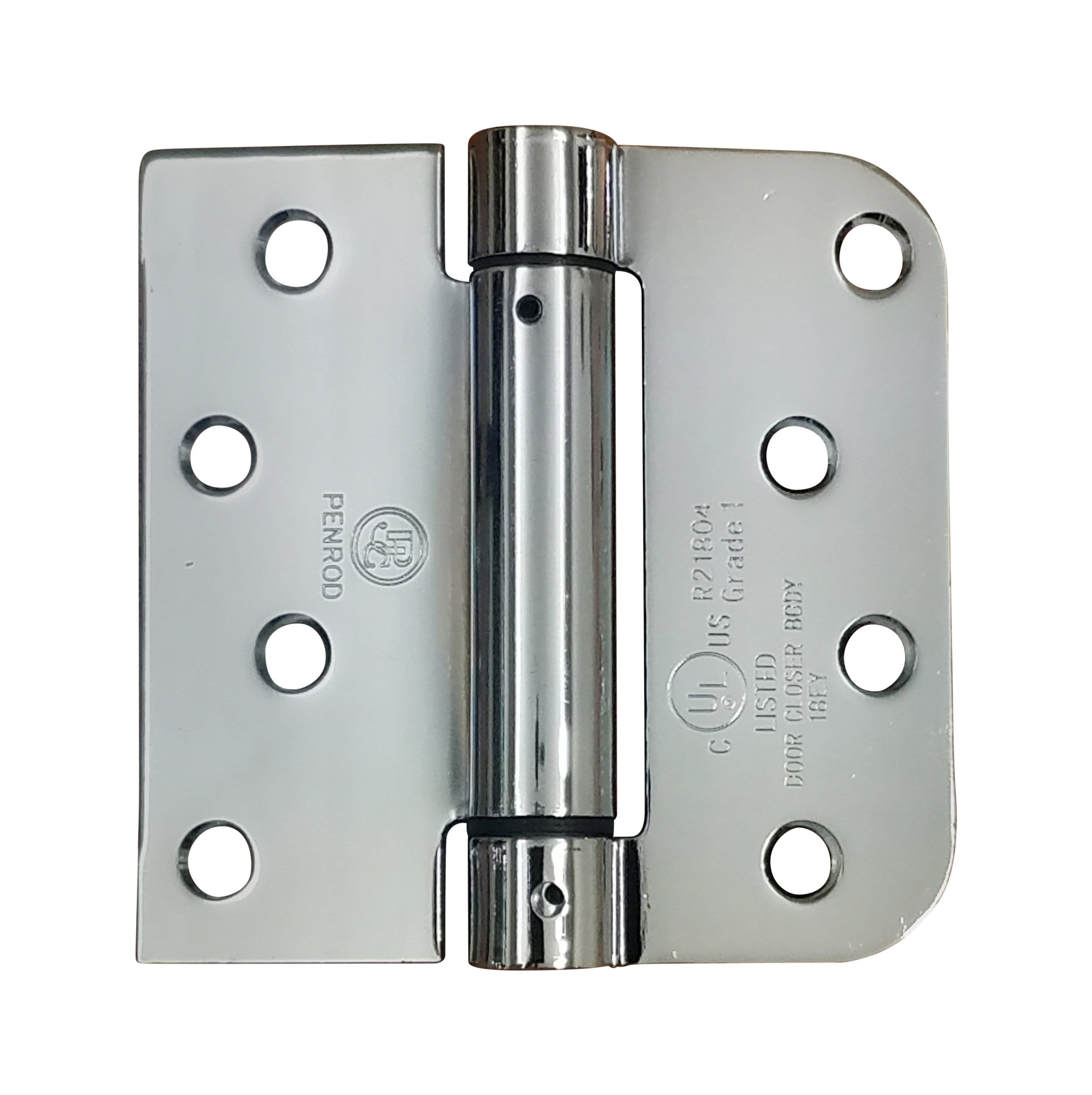 Polished chrome 4x4 spring hinge with square and 5/8-inch radius corners, sold in a 2-pack for durability.
