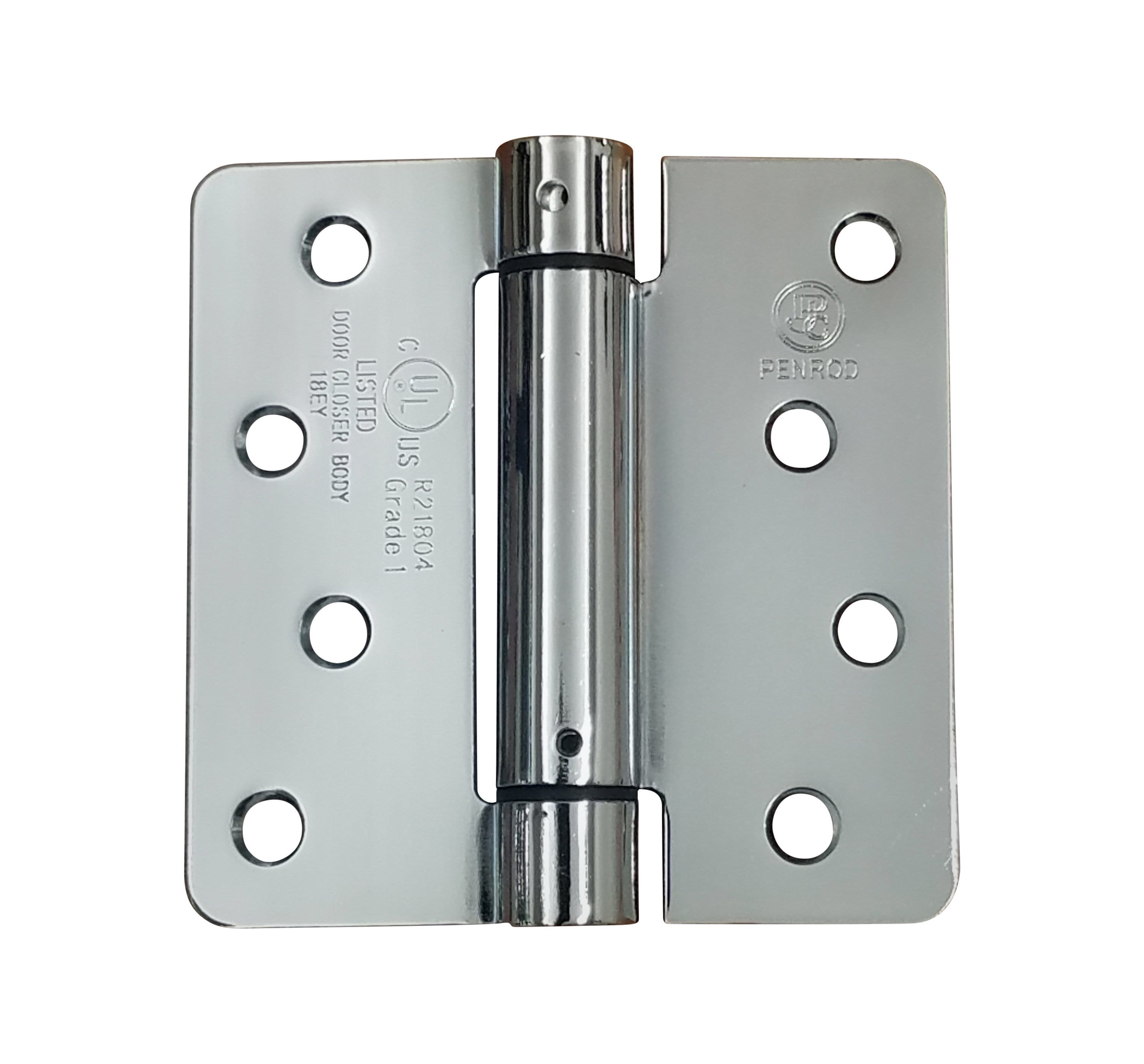 Polished chrome 4x4 spring hinges with 1/4-inch radius corners, sold in a convenient 2-pack for doors.