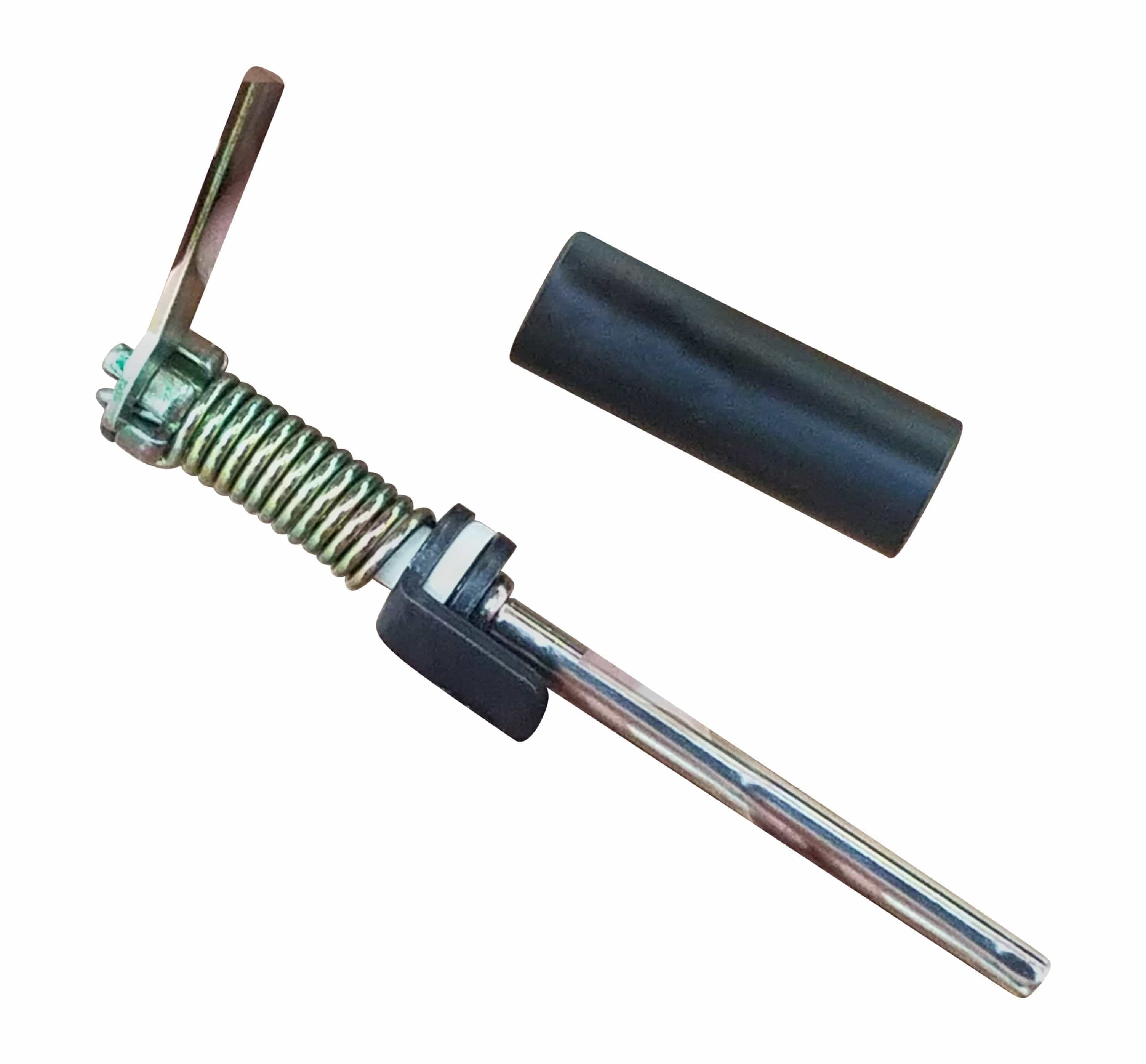 Hinge pin door closer with a metal spring mechanism and a black rubber cover for smooth door operation.