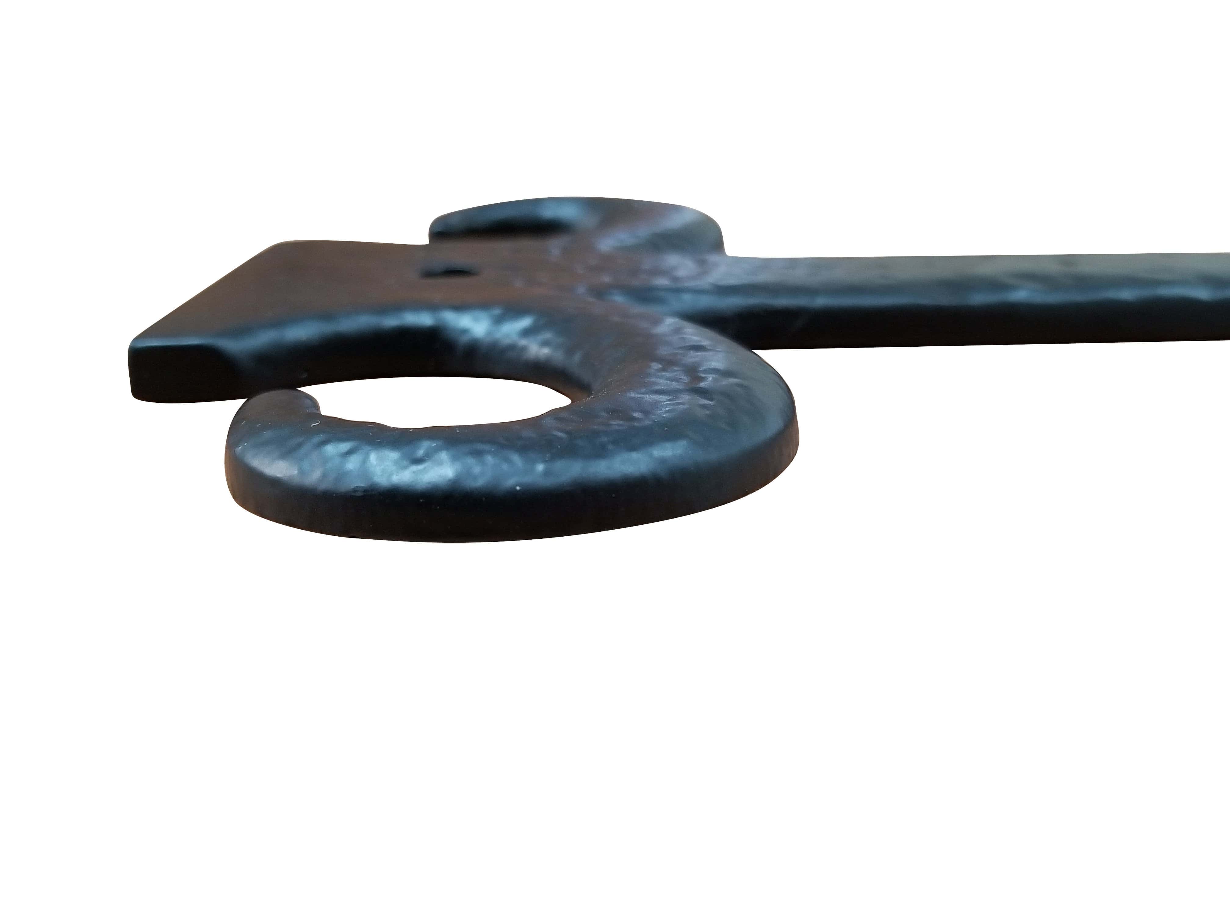 European black solid iron dummy strap hinge, 15 inches long, ideal for decorative and functional applications.