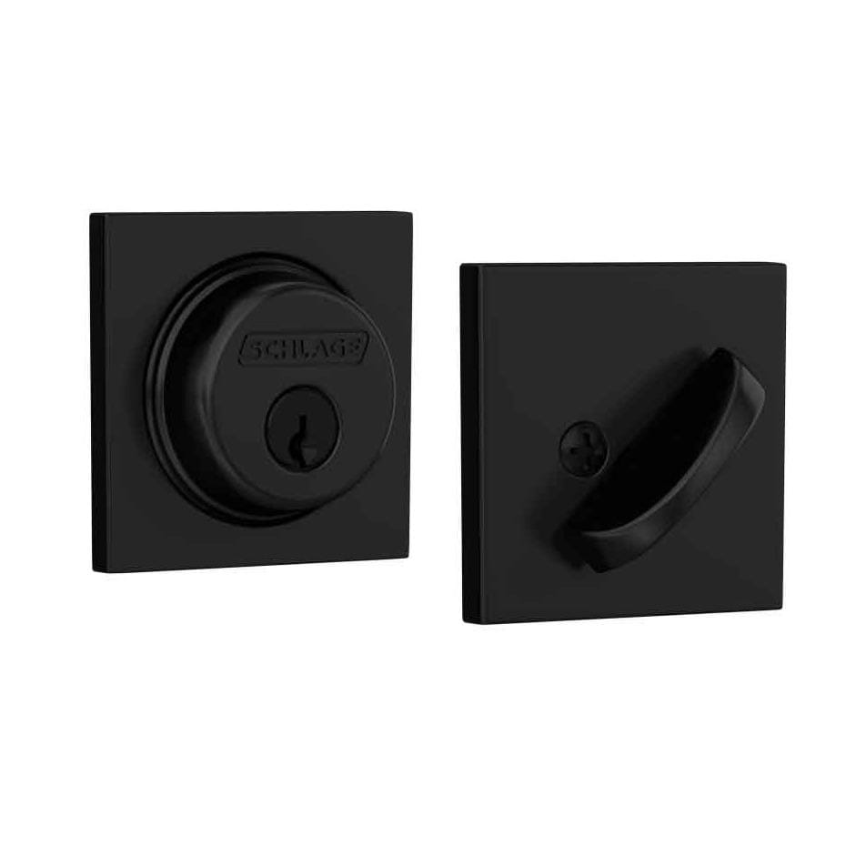 Schlage single cylinder deadbolt with Collins trim in matte black finish, ideal for residential security.