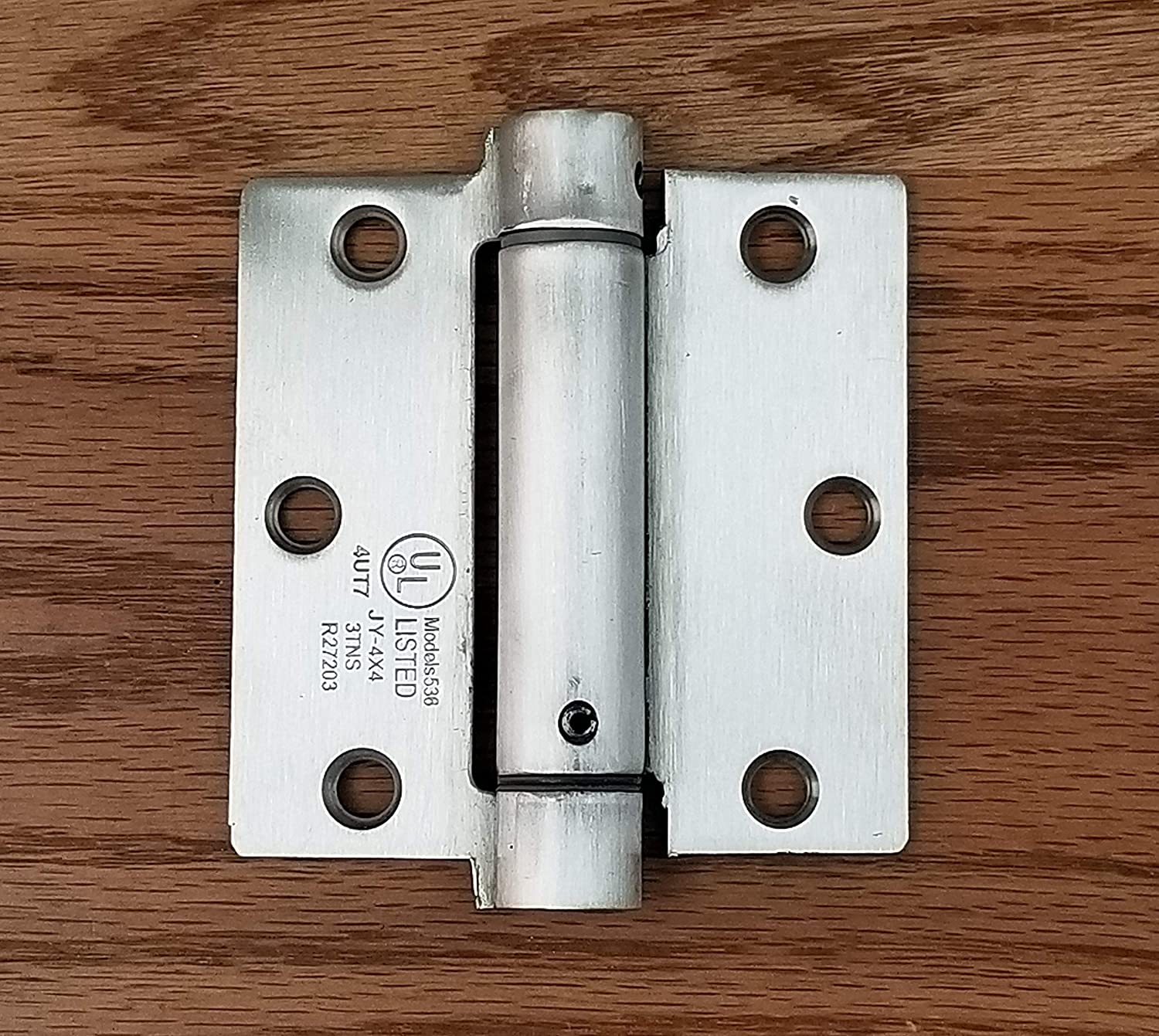Stainless steel self-closing spring hinges, 3 1/2 inches square, sold in a 2 pack for residential use.