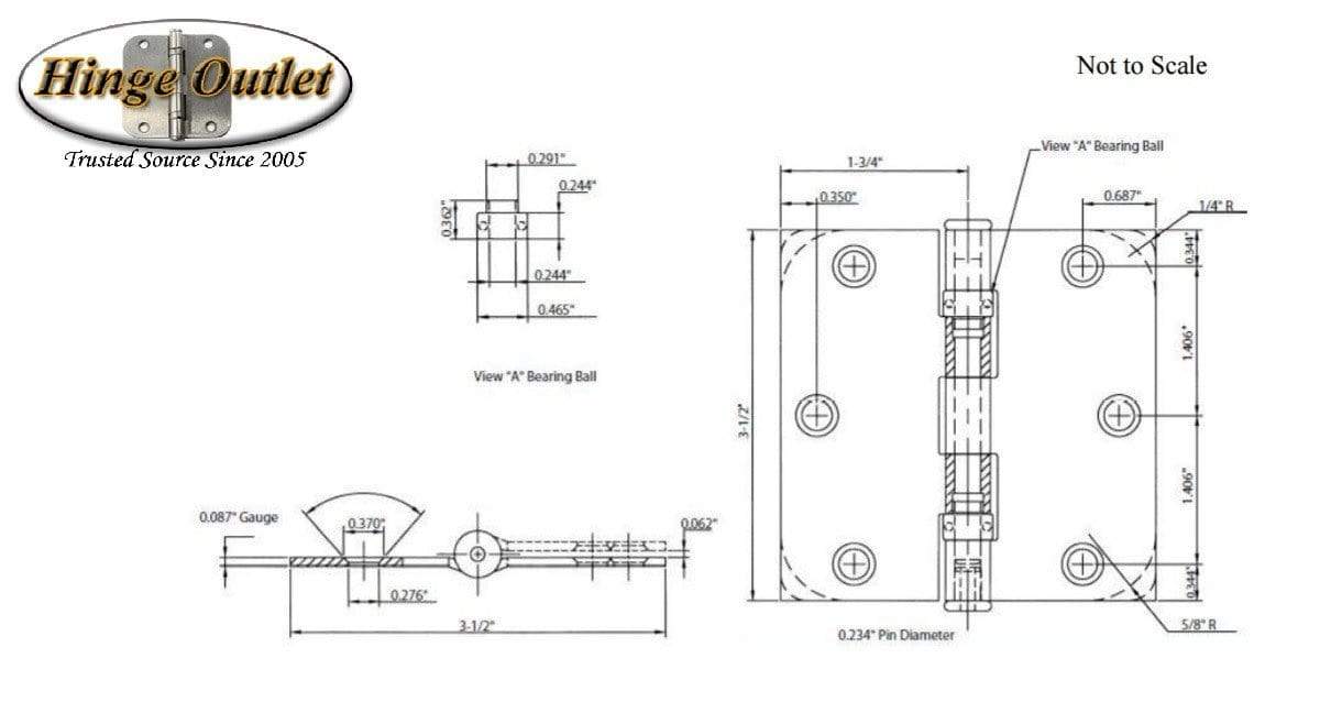 Ball bearing interior door hinges 3.5 inches with 5/8-inch radius, available in multiple finishes, 2-pack.