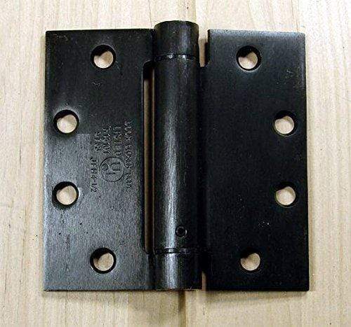 Spring hinges in a 4-inch square design with a template hole pattern, available in multiple finishes, sold as a 2 pack.