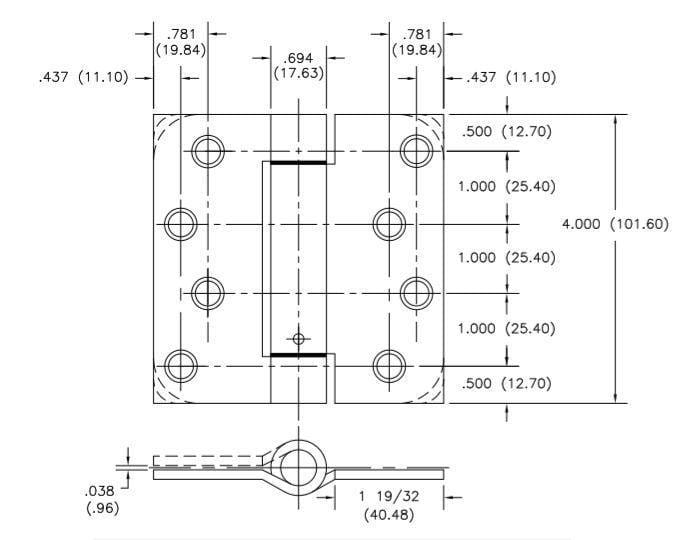 Hager spring hinges 4-inch square with 5/8-inch radius, available in multiple finishes, sold individually.